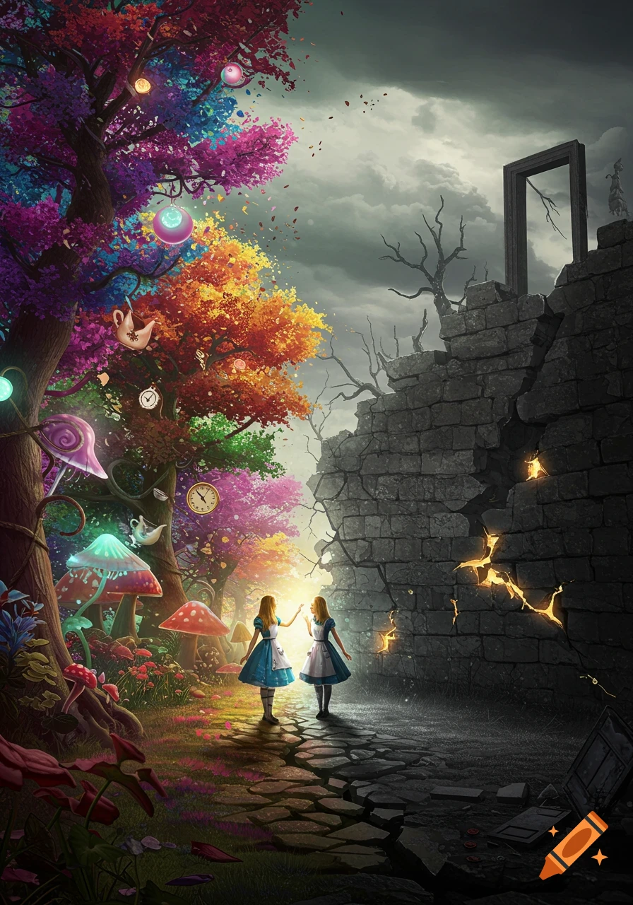 Two Alices on a path, one side a vibrant Wonderland, the other a desolate gray wall with glowing cracks, under a stormy sky.