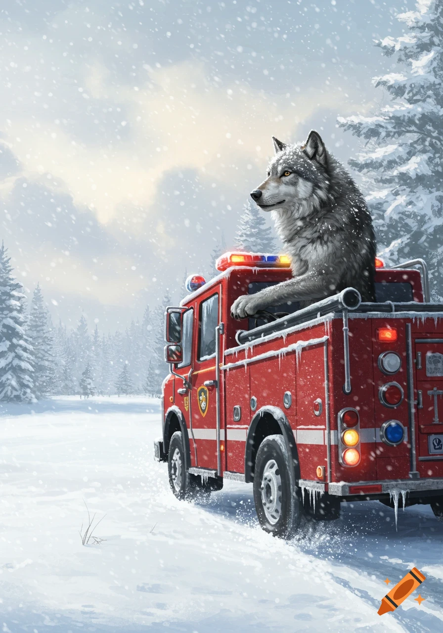 A wolf sits atop a red fire truck driving through a snow-covered forest.