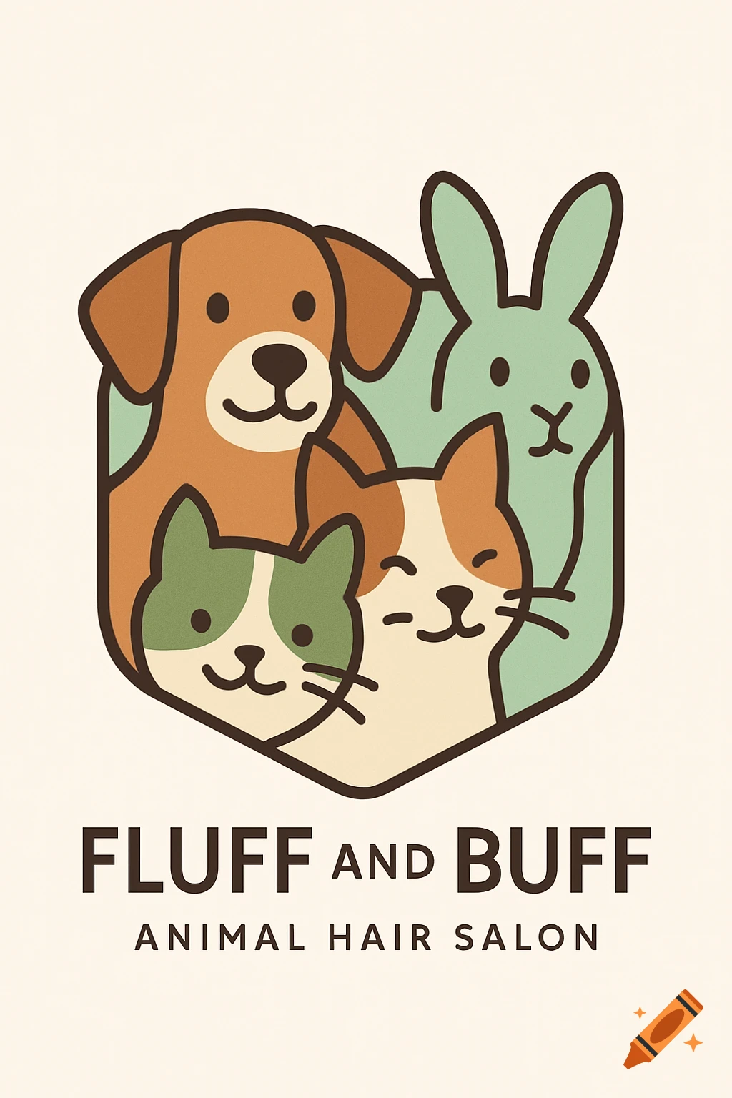 A cartoon logo featuring a dog, two cats, and a rabbit, with text "FLUFF AND BUFF ANIMAL HAIR SALON".