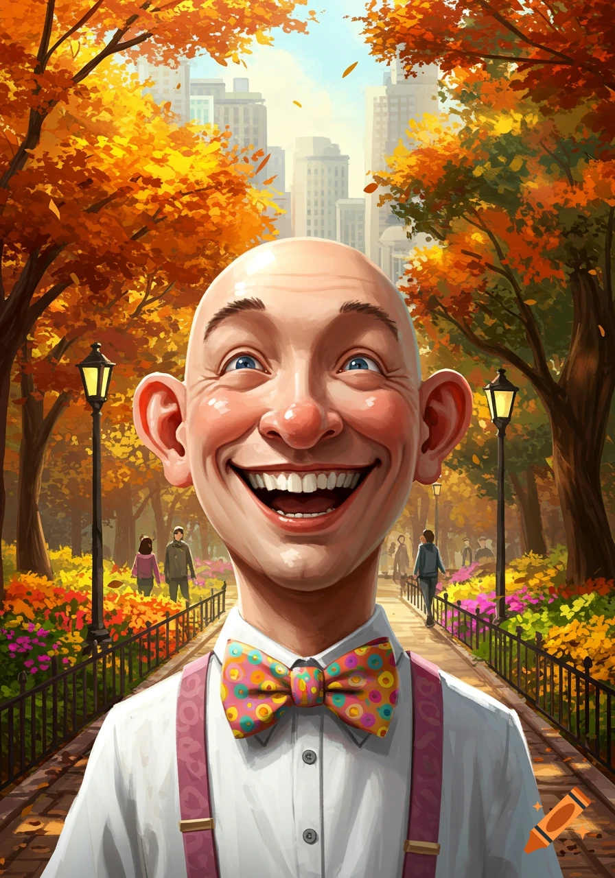 A happy, cartoonish bald man with a wide grin, wearing a colorful bow tie and suspenders, stands in a vibrant autumn park.
