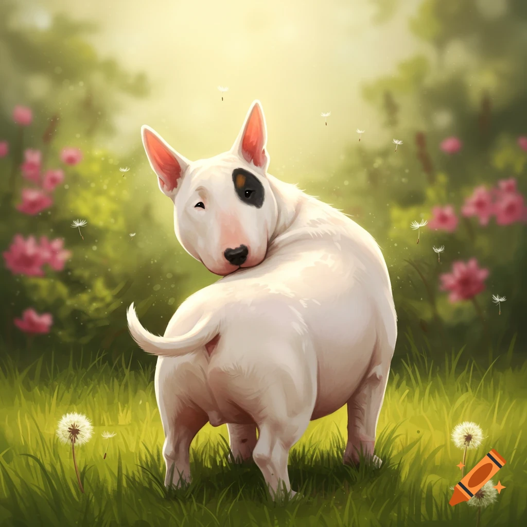 A cute white Bull Terrier with a black eye patch looks over its shoulder in a green field with dandelions and pink flowers.