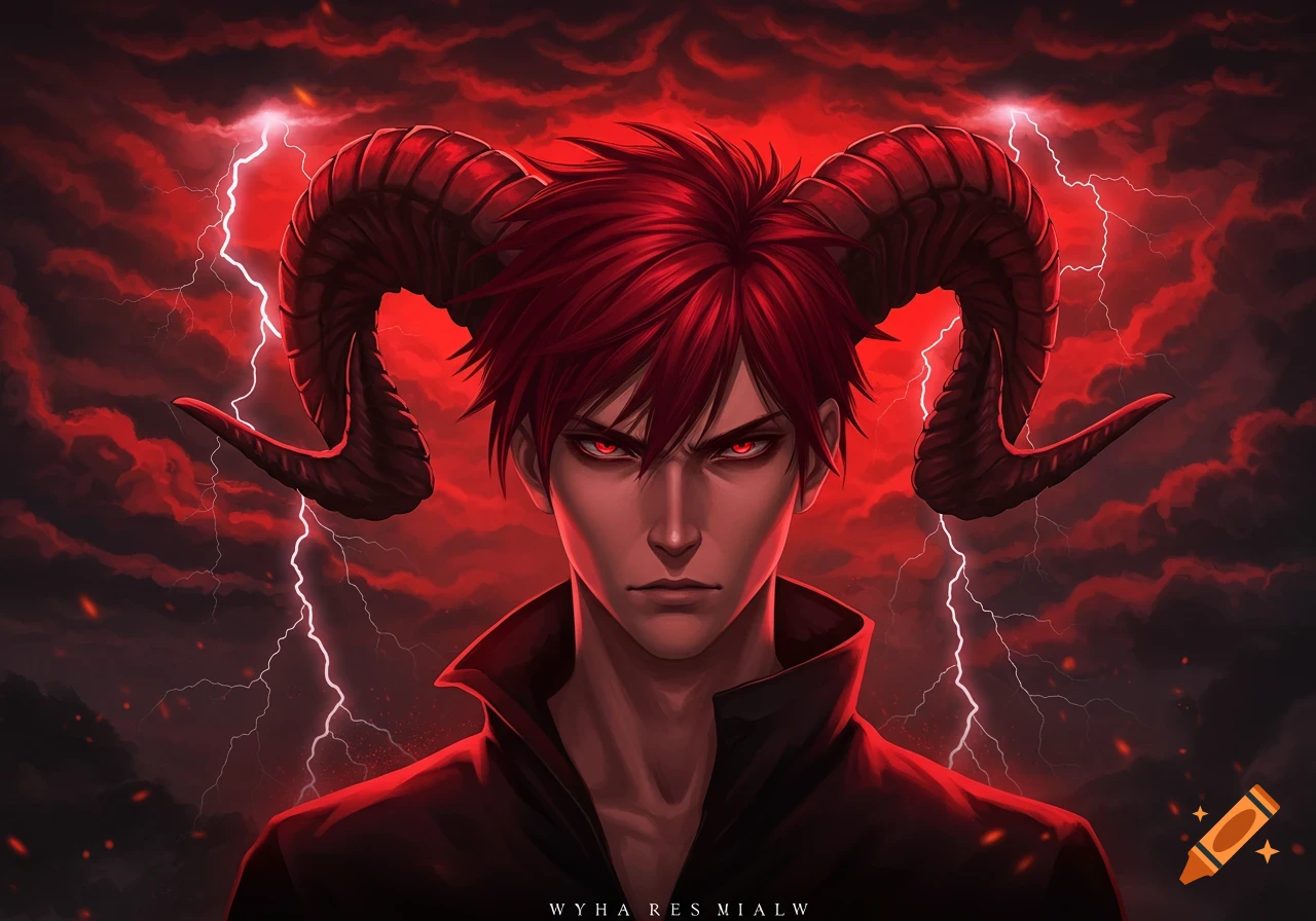 Anime man with red hair, red eyes, and large ram horns, against a dark red, stormy sky with lightning. He has a serious, intense expression.