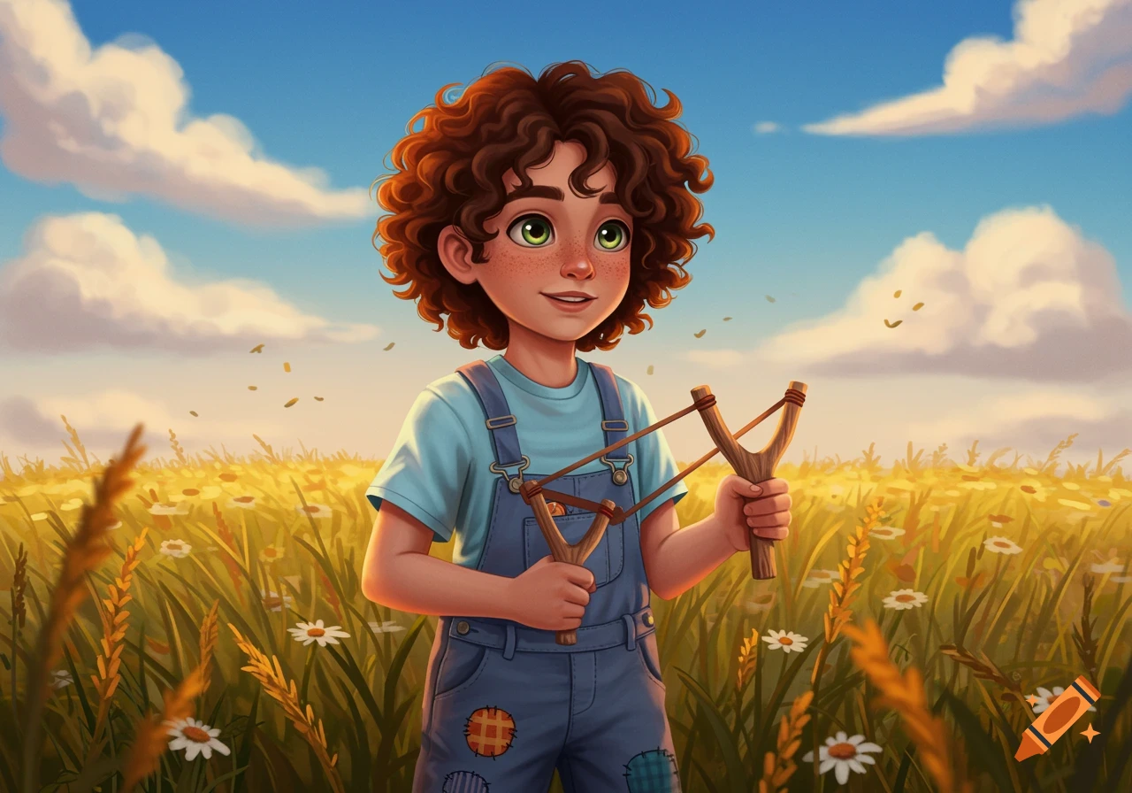 A smiling cartoon boy with curly hair and freckles stands in a sunny field, holding a slingshot.