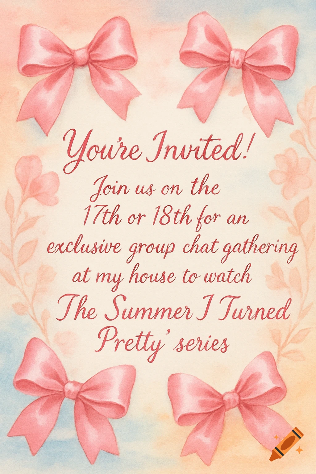 A watercolor invitation card with four pink bows in the corners and an orange and blue watercolor background. Red script text reads: "You're Invited! Join us on the 17th or 18th for an exclusive group chat gathering at my house to watch The Summer I Turned Pretty' series."
