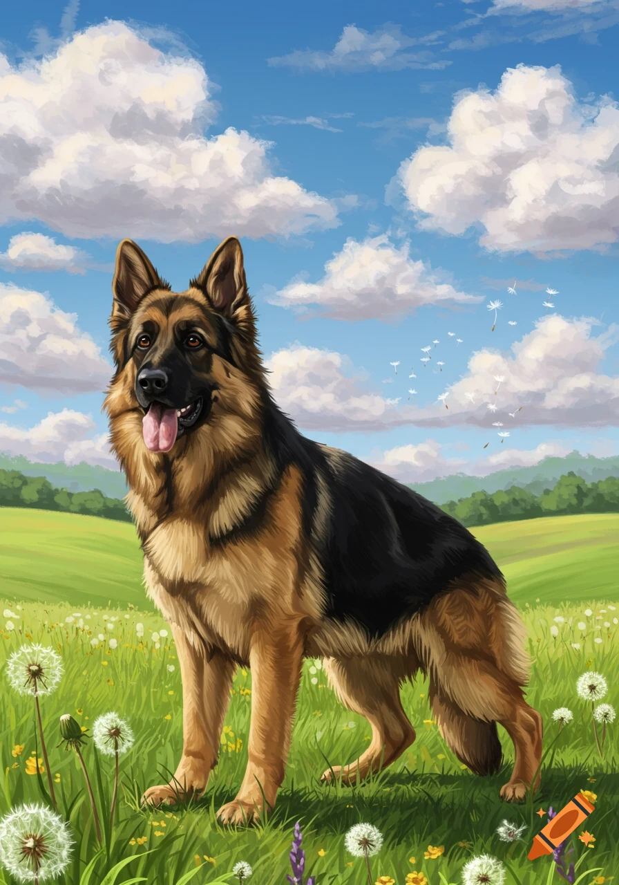 An illustrated German Shepherd dog stands in a sunny green field with dandelions under a blue sky.