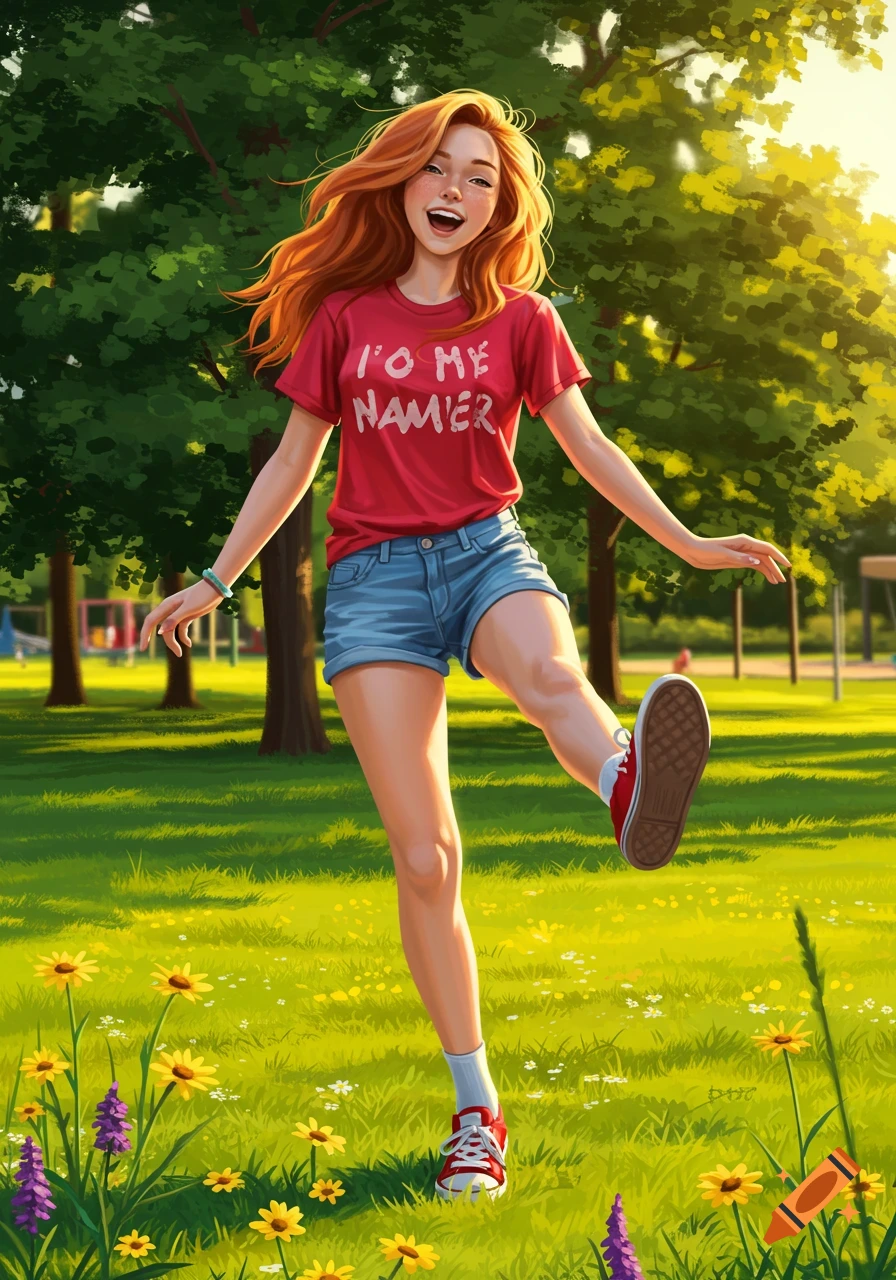 An illustrated red-haired girl in a red t-shirt and jean shorts skips happily in a sunny park filled with yellow and purple flowers.