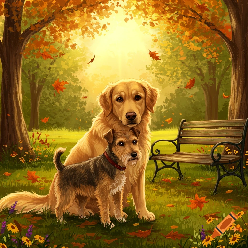 A golden retriever and a terrier mix sit together in an autumn park with falling leaves and a bench, in an illustrative style.