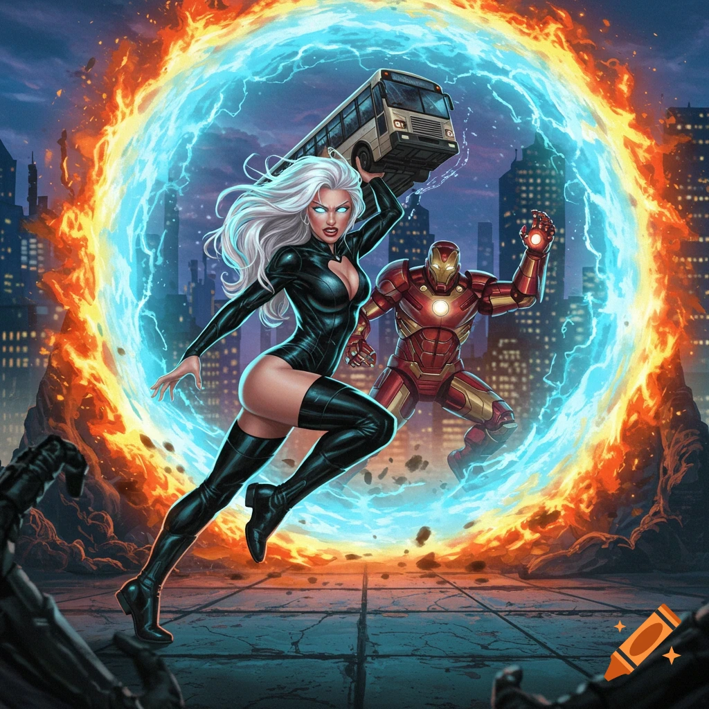 A female superhero in a black outfit throws a bus through an energy portal while Iron Man stands nearby, comic art style.