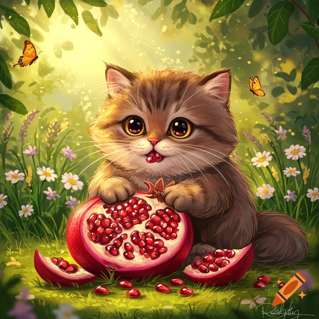 A fluffy brown kitten with big eyes sits in a sunny garden, eating a pomegranate. Butterflies flutter nearby.
