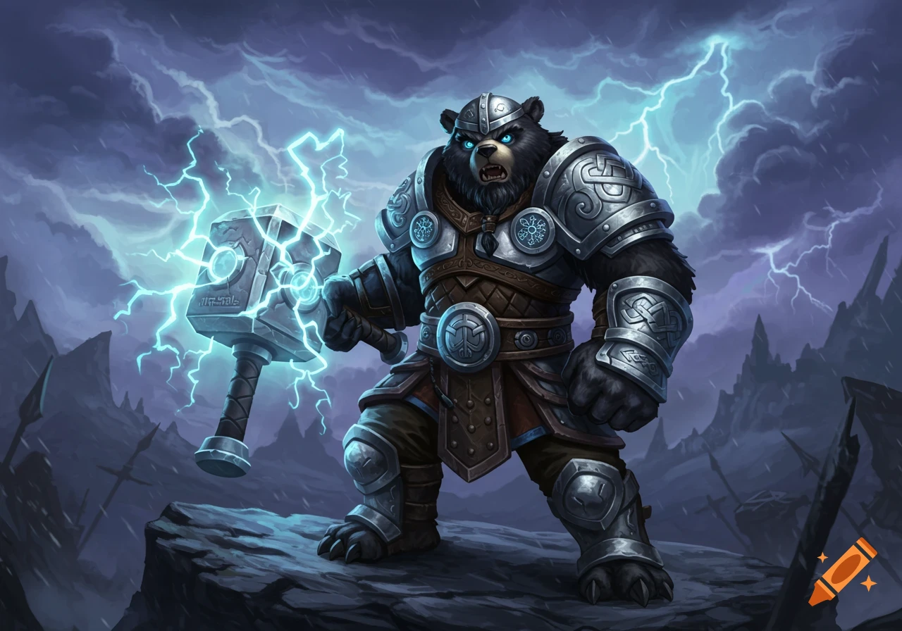 An anthropomorphic bear in ornate viking-style armor holds a glowing thunder hammer amidst a stormy, mountainous landscape, rendered in a stylized, heroic art style.