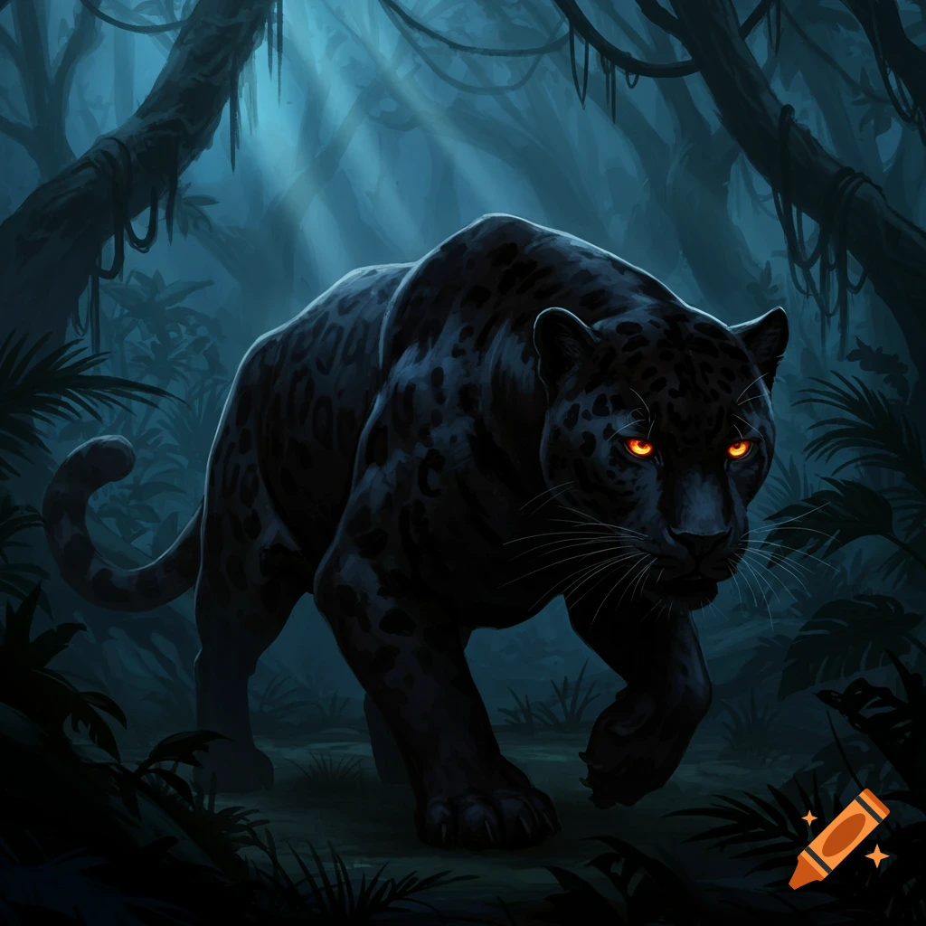A black jaguar with glowing orange eyes prowls through a dark, moonlit jungle. Stylized digital painting.