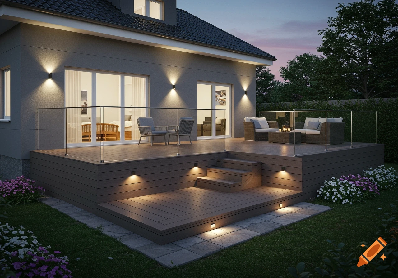 A multi-level composite deck with seating and lights attached to a modern house at dusk.