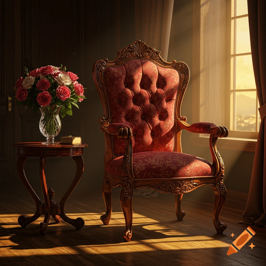 An ornate, red upholstered armchair next to a small wooden table with a vase of pink and white roses, bathed in warm sunlight from a window.