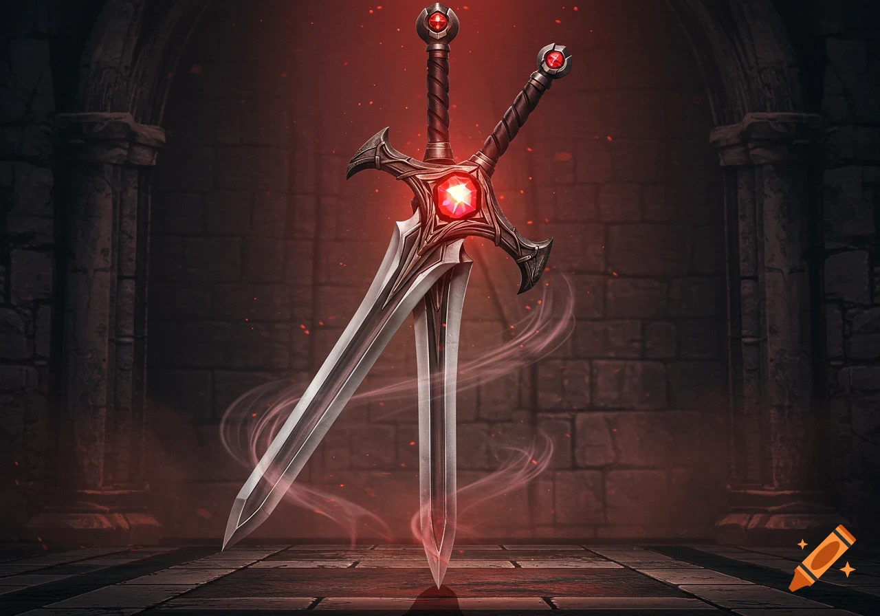 Two ornate fantasy swords with glowing red gems in their hilts, standing upright in a dark, stone dungeon with a reddish glow.