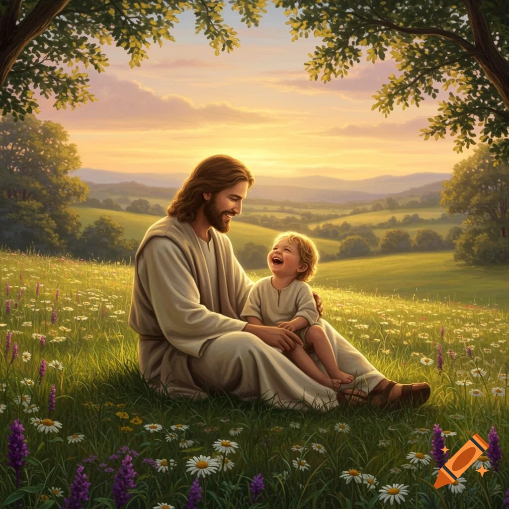 Jesus sits with a laughing child in a vibrant green field filled with wildflowers, under a warm sunset sky.