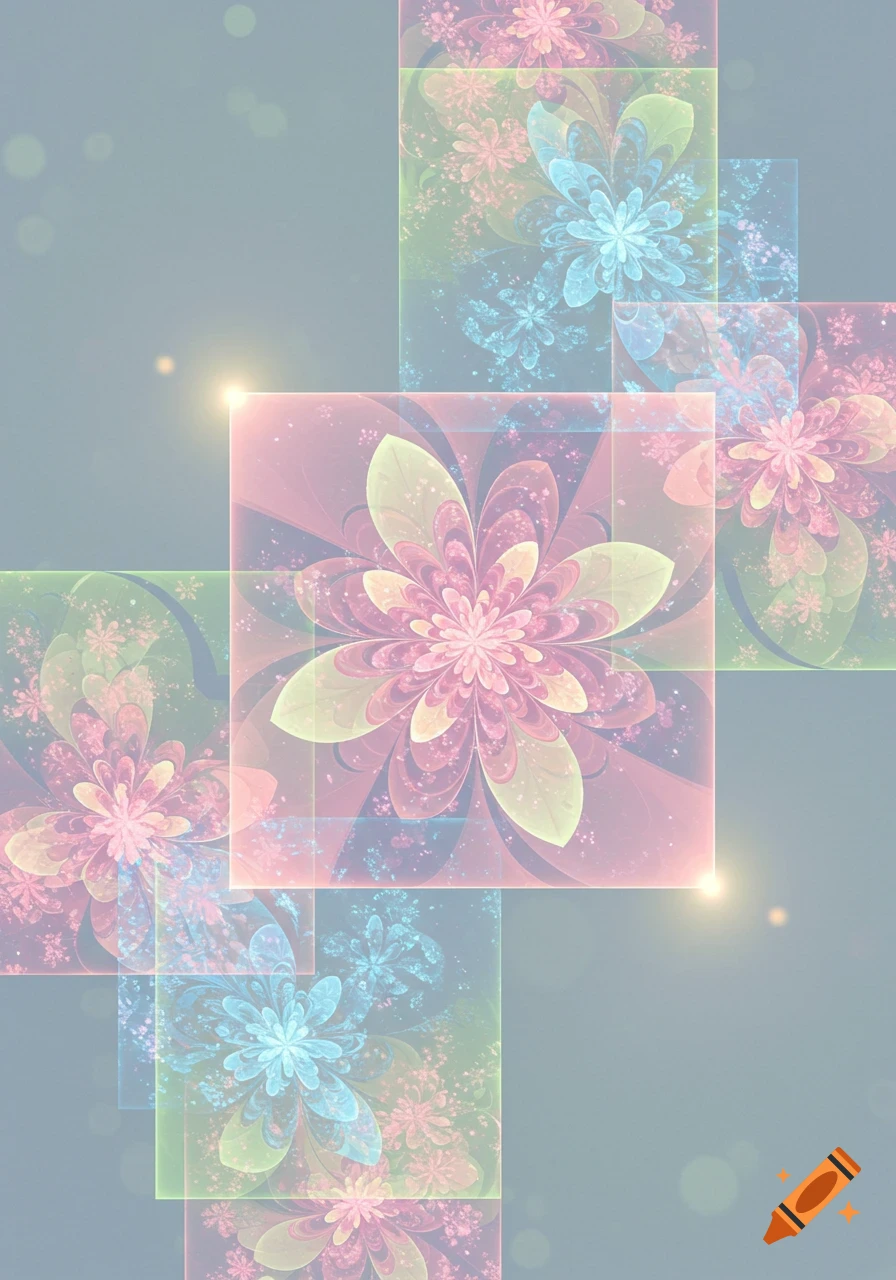 Abstract pastel flowers arranged in overlapping squares with glowing accents on a grey background.