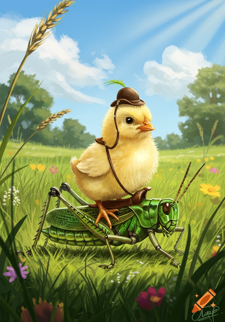 Fluffy yellow baby chick in a tiny hat and saddle rides a large green grasshopper through a vibrant grassy field under a sunny sky. Illustration.