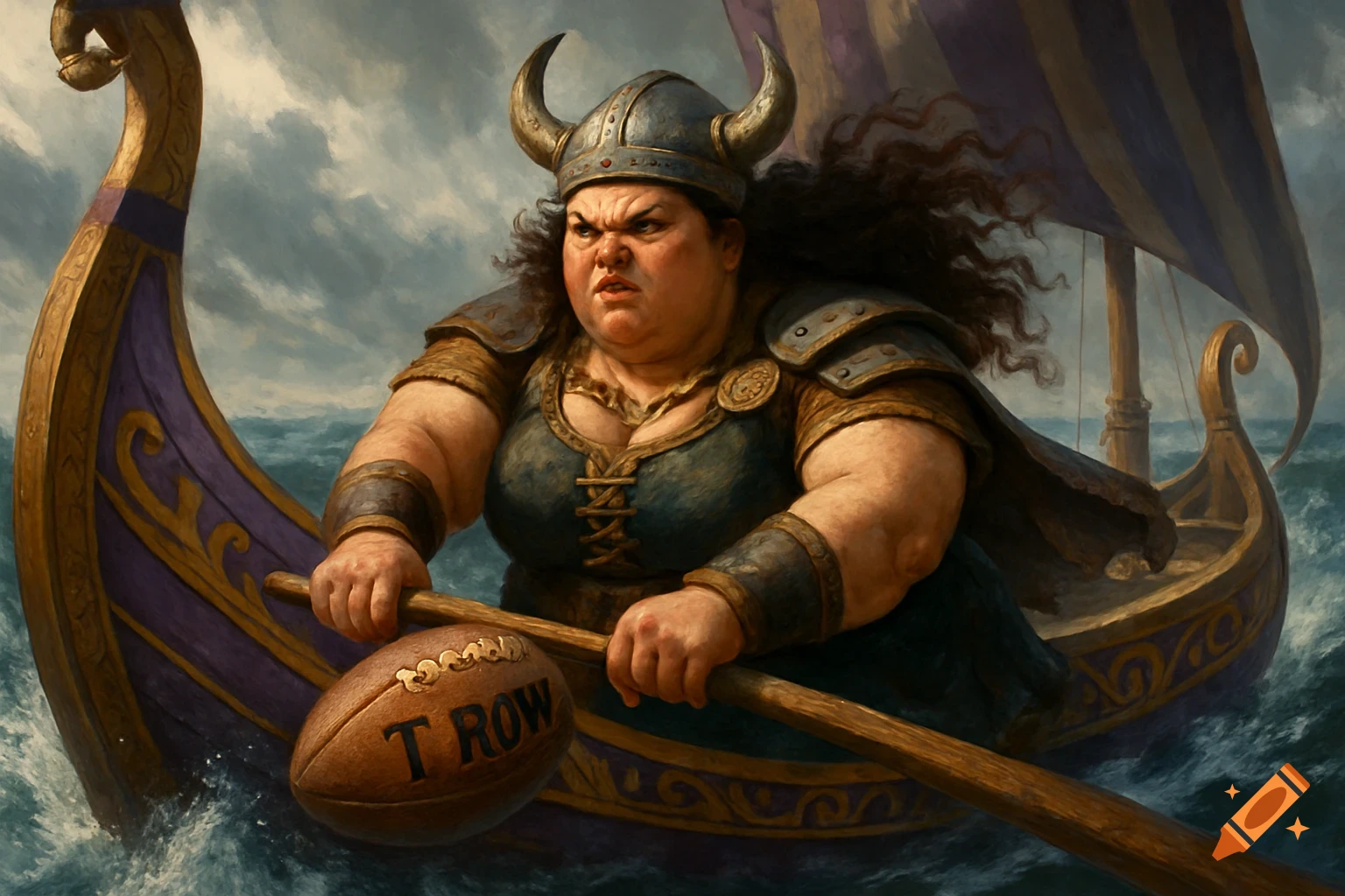 A determined chubby Viking woman in a horned helmet rows a purple and gold longship with a football labeled 'T ROW' on the oar.