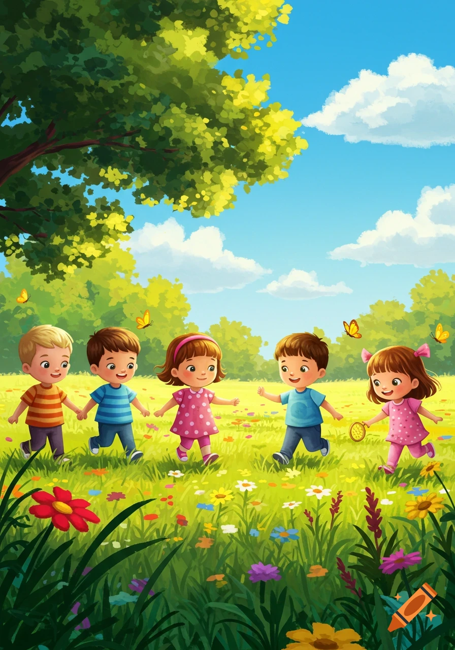 Five cheerful cartoon children walk and play in a sunny, flower-filled green meadow under a blue sky with a large tree.