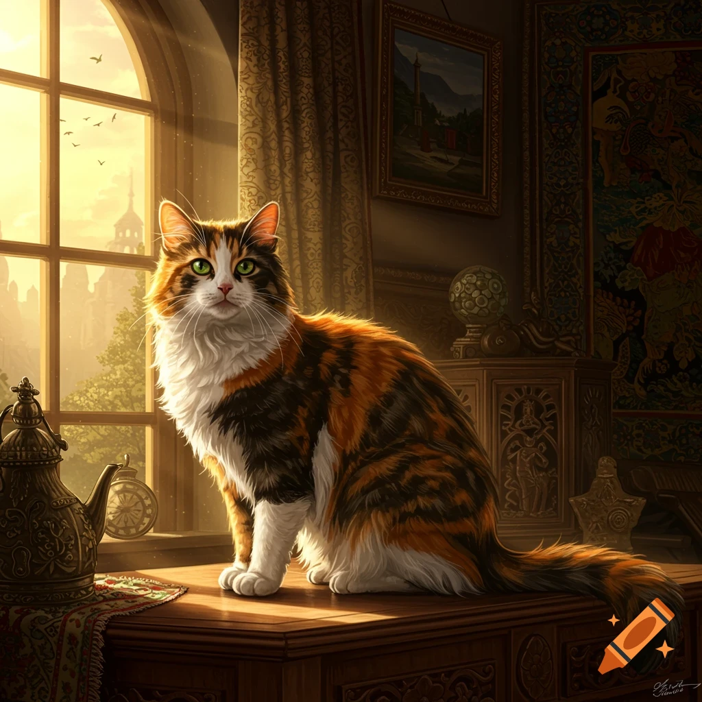A fluffy calico cat with green eyes sits on a wooden table near a sunlit window, in a richly decorated room.