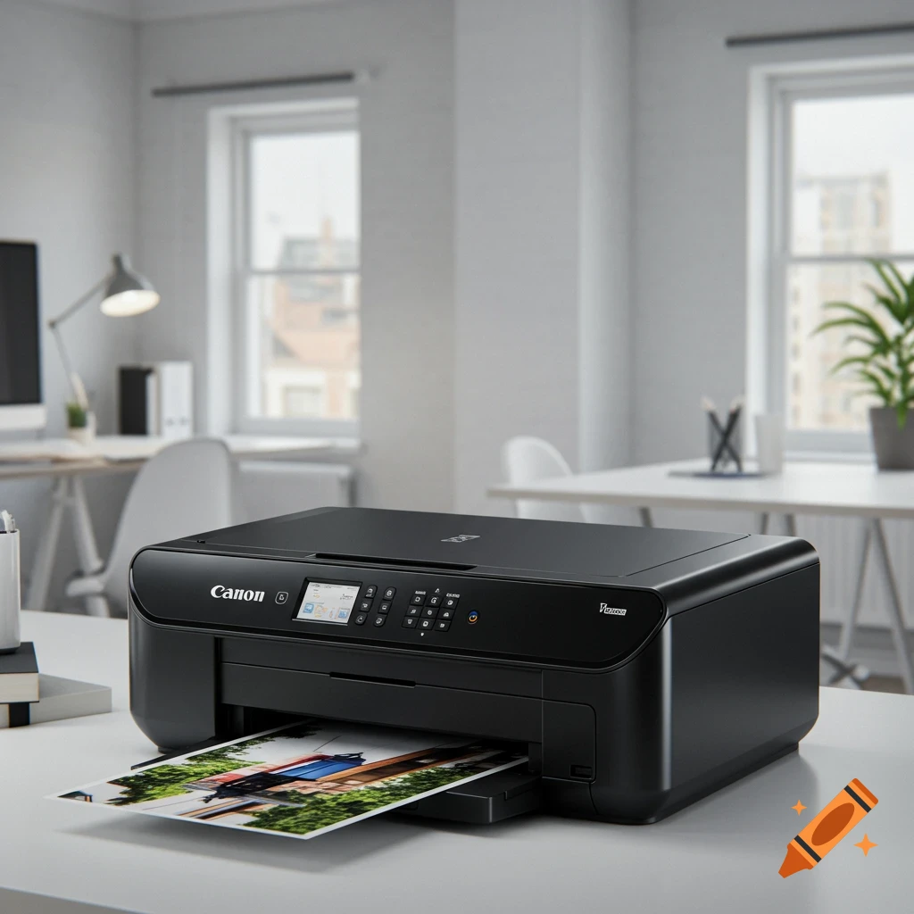 A black Canon PIXMA printer is printing a colorful photo on a desk in a bright, modern office with windows.