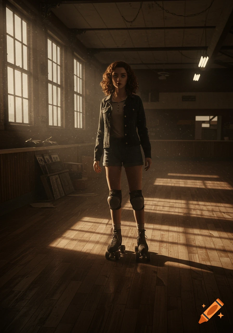 A female roller skater stands curious at an empty, dimly lit indoor wooden skating rink, light streaming through windows.