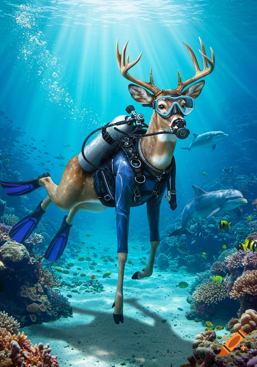 A deer wearing a scuba suit, mask, and flippers swims underwater in a vibrant coral reef alongside dolphins, with sun rays piercing the surface.