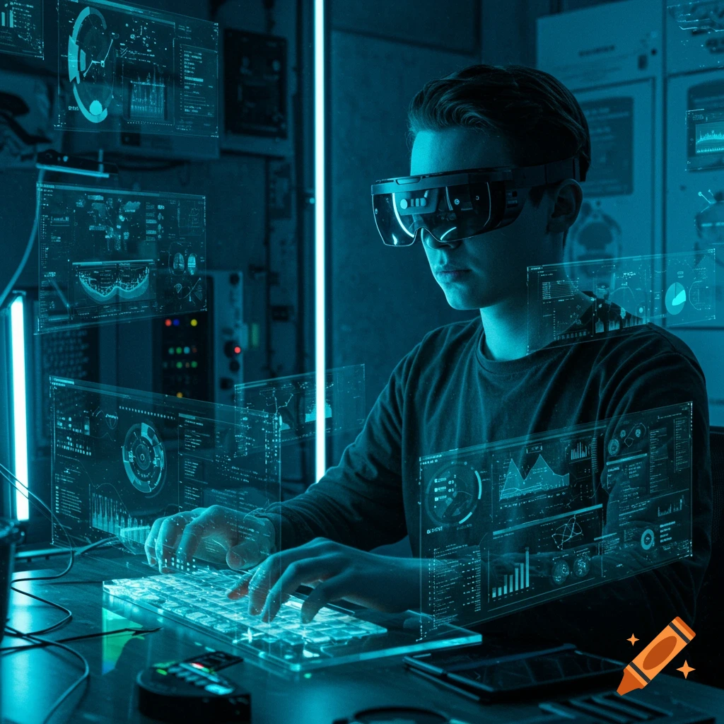 A young man wearing a VR headset types on a glowing keyboard amidst holographic data screens in a dimly lit, futuristic room.