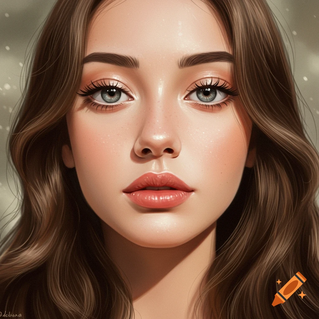 Close-up digital art portrait of a young woman with long brown wavy hair, blue eyes, and full lips.