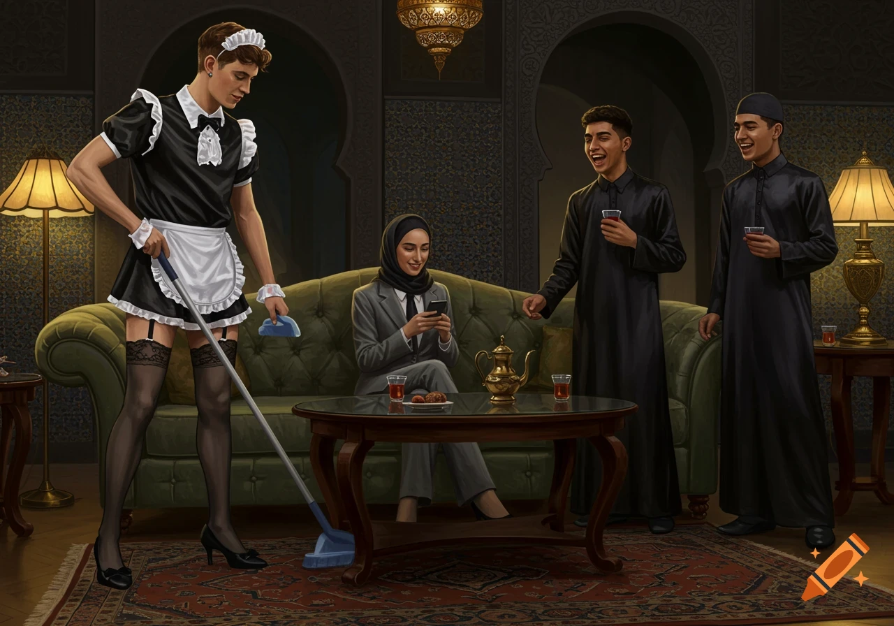 A man in a French maid outfit sweeps a rug in a traditional Arabic home while a woman uses her phone and two men laugh and drink tea.