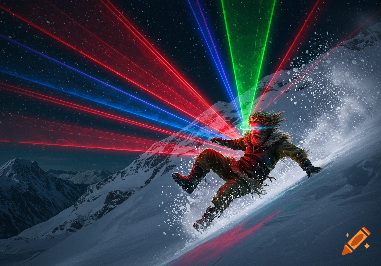 A bearded man with glowing eyes and colorful laser beams falls down a snowy mountain at night.