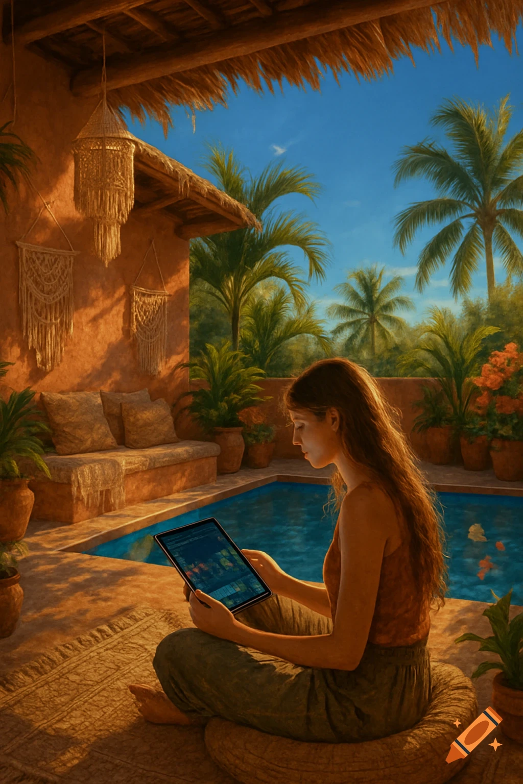 Woman sitting by a pool at a Tulum-style Airbnb, looking at a tablet with stock charts on screen.