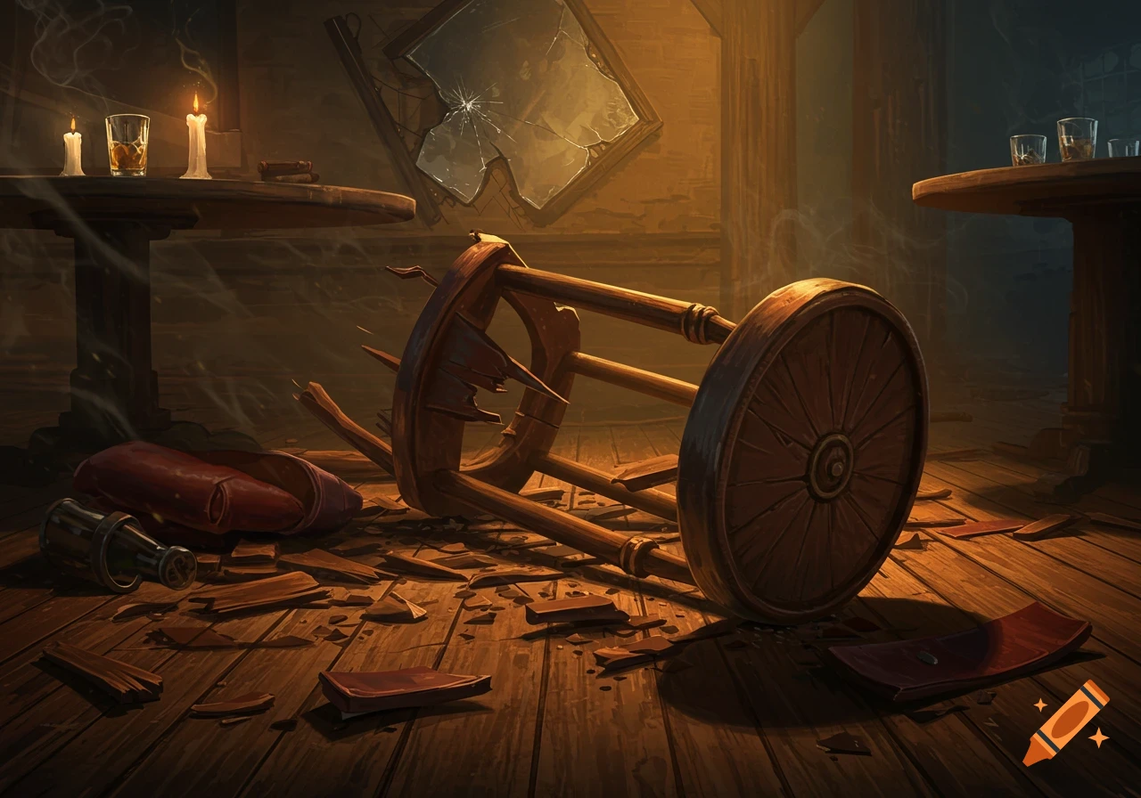 A broken wooden barstool lies on a dark wooden floor, surrounded by debris in a dimly lit tavern, with candles and glasses on tables.