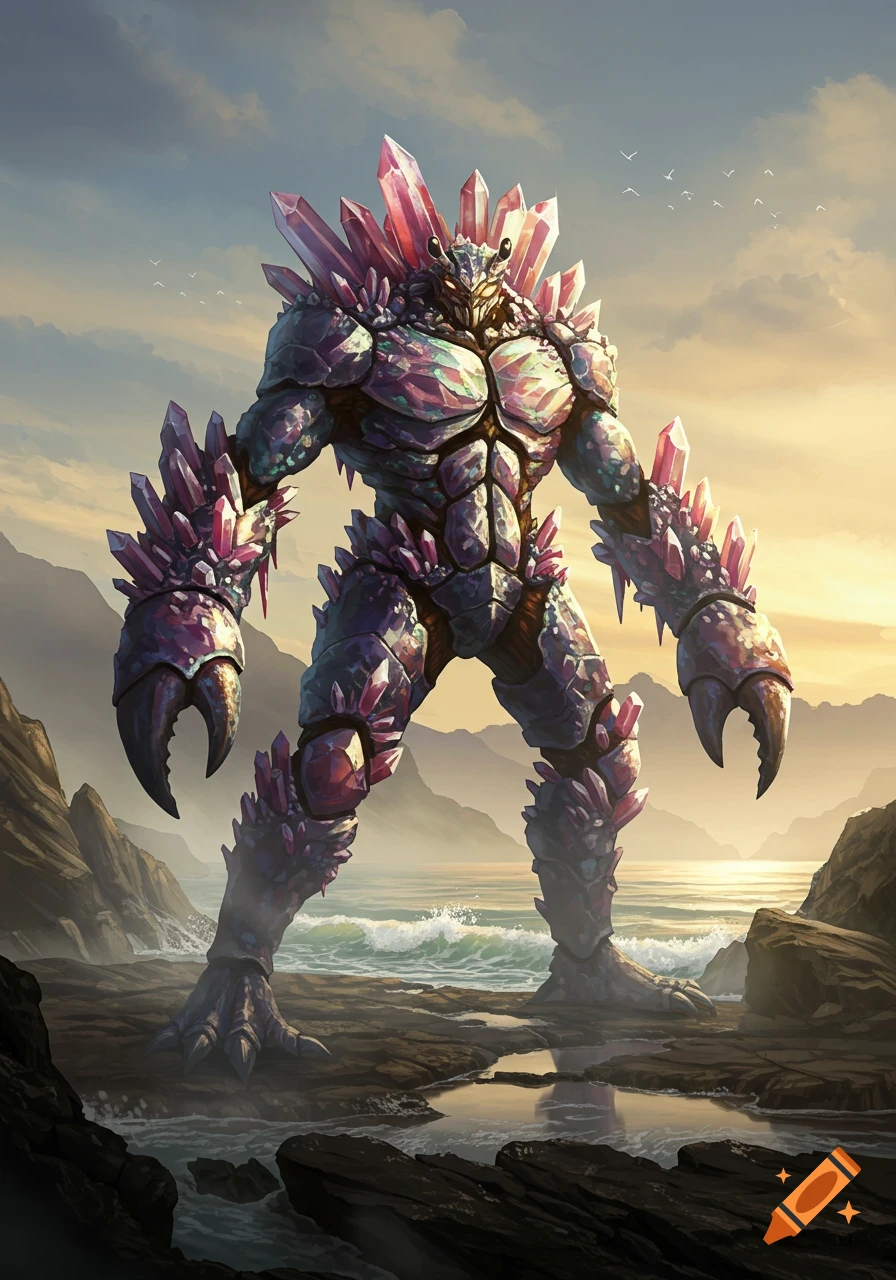 A large, muscular crab-humanoid creature made of purple and pink crystals stands on a rocky beach at sunset, with mountains and ocean in the background.
