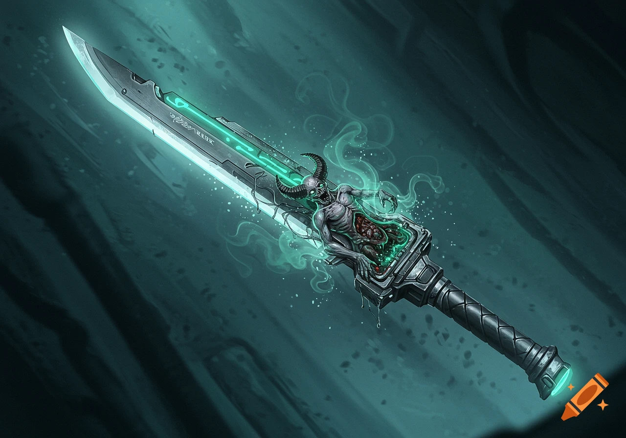 A glowing sci-fi sword with a rotting, horned demon embedded in its hilt, surrounded by ethereal green mist.