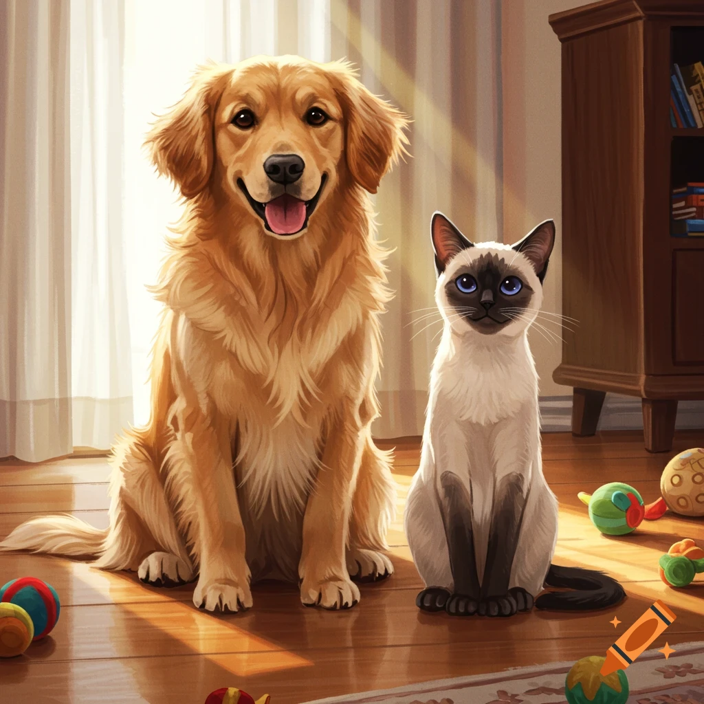 A happy golden retriever and a Siamese cat sit together on a wooden floor with toys, illuminated by sunlight.
