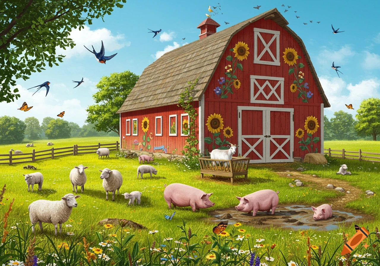 A vibrant illustration of a red barn in a sunny meadow, surrounded by sheep, pigs, a goat, and birds flying.