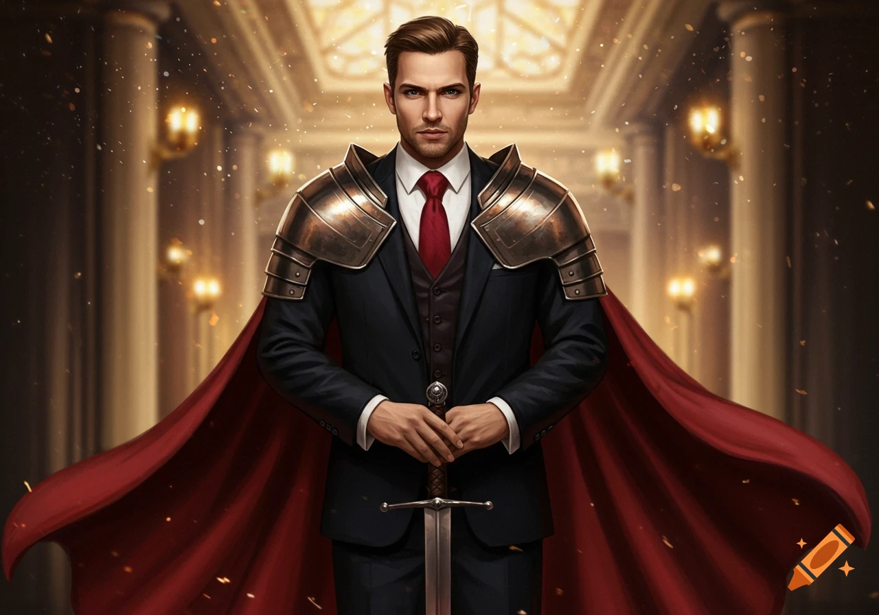 Photorealistic portrait of a man in a black suit, red tie, medieval armor, and a red cape, holding a sword in a grand hall.