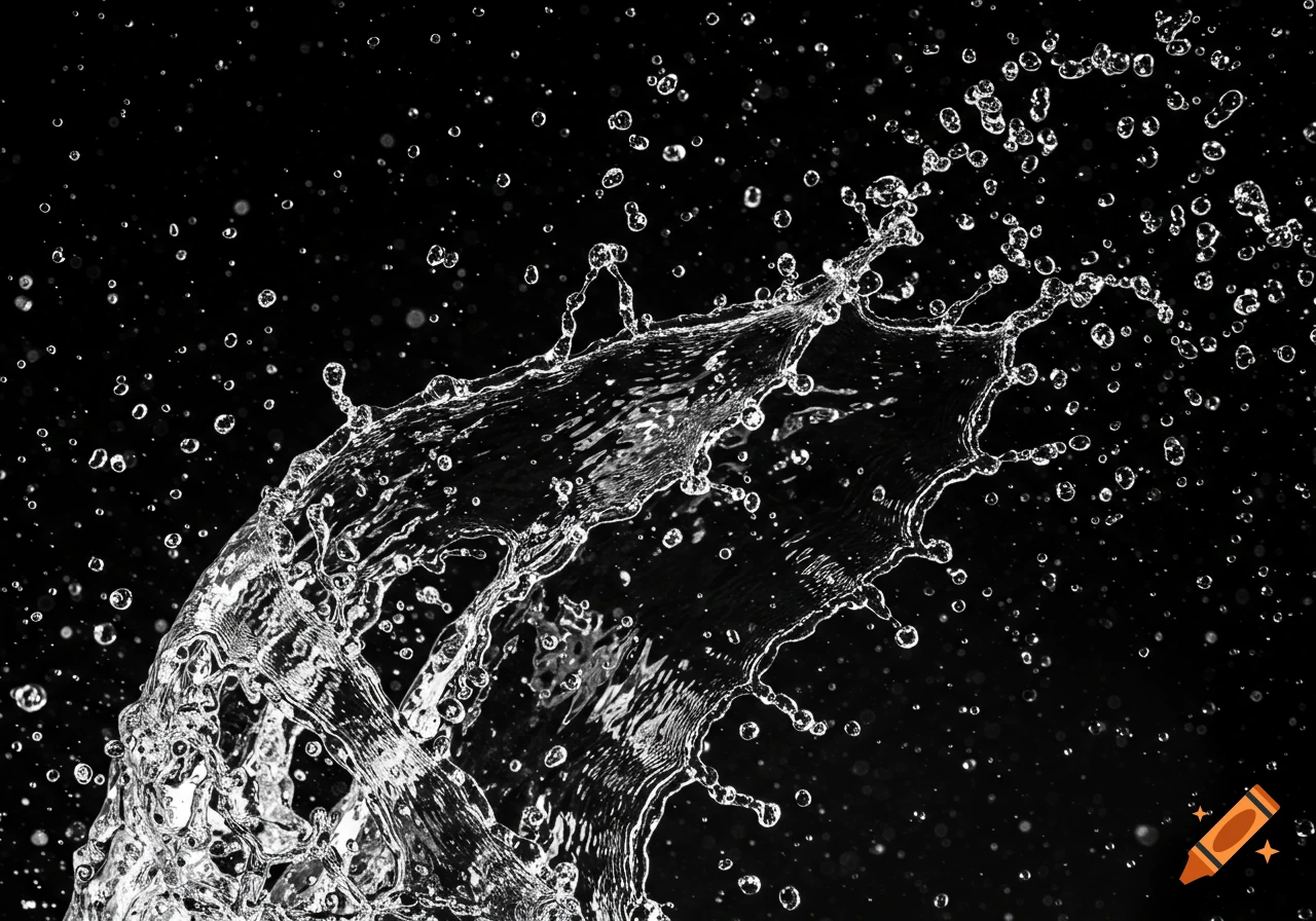 High-speed black and white photo of water splashing with numerous droplets against a dark background.