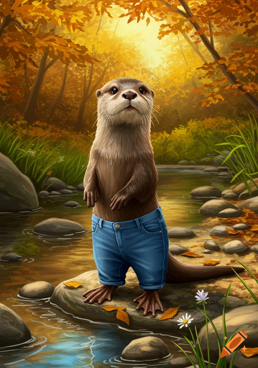 An illustrated otter wearing blue jeans stands upright on rocks in an autumn forest stream.