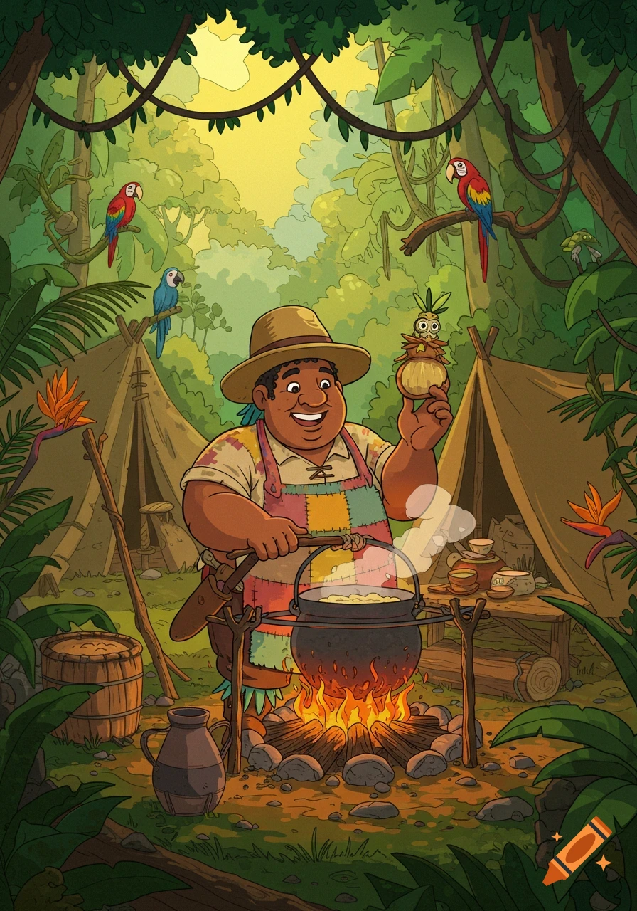 A cheerful, stocky camp cook in a jungle, stirring a pot over a fire. Two tents, parrots, and lush foliage surround him in a vibrant, cartoonish style.