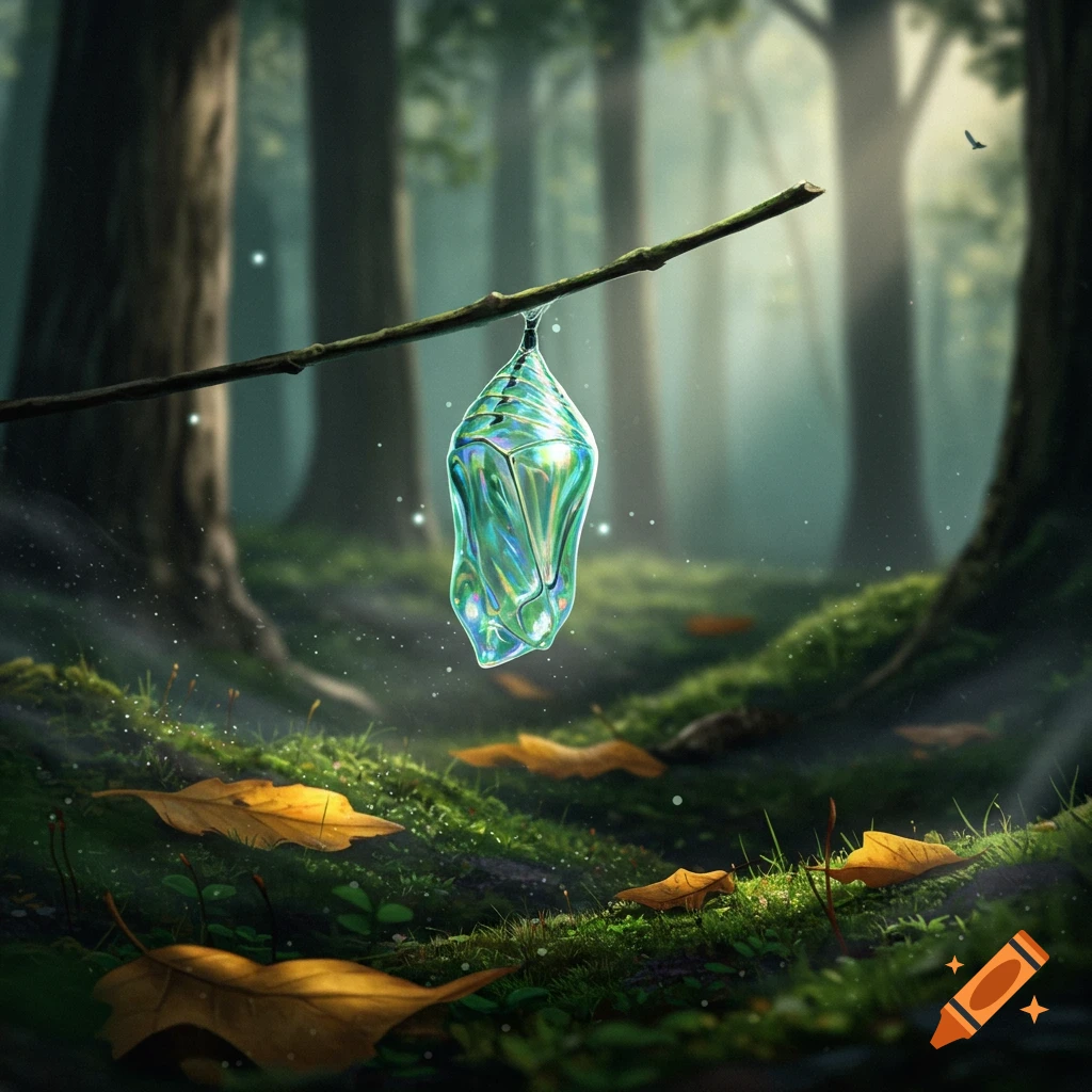 An iridescent, glowing chrysalis hangs from a branch in a misty, sunlit forest with mossy ground and fallen leaves.