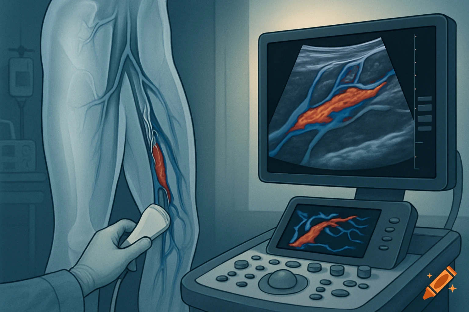 An illustration of an ultrasound being performed on a person's leg to visualize deep veins and a blood clot.