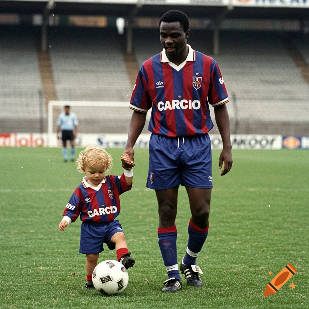 A Black man and a young blonde child in red and blue soccer uniforms hold hands on a green field, the child touching a soccer ball. 1990s photo.