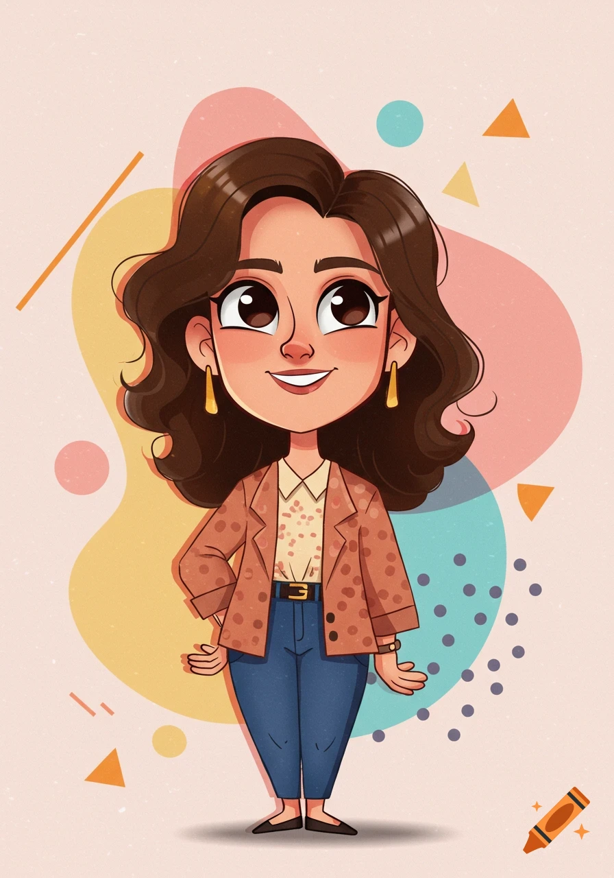 A smiling cartoon woman with dark wavy hair, big brown eyes, a beige polka-dot blazer, and blue jeans, standing against a colorful abstract background.