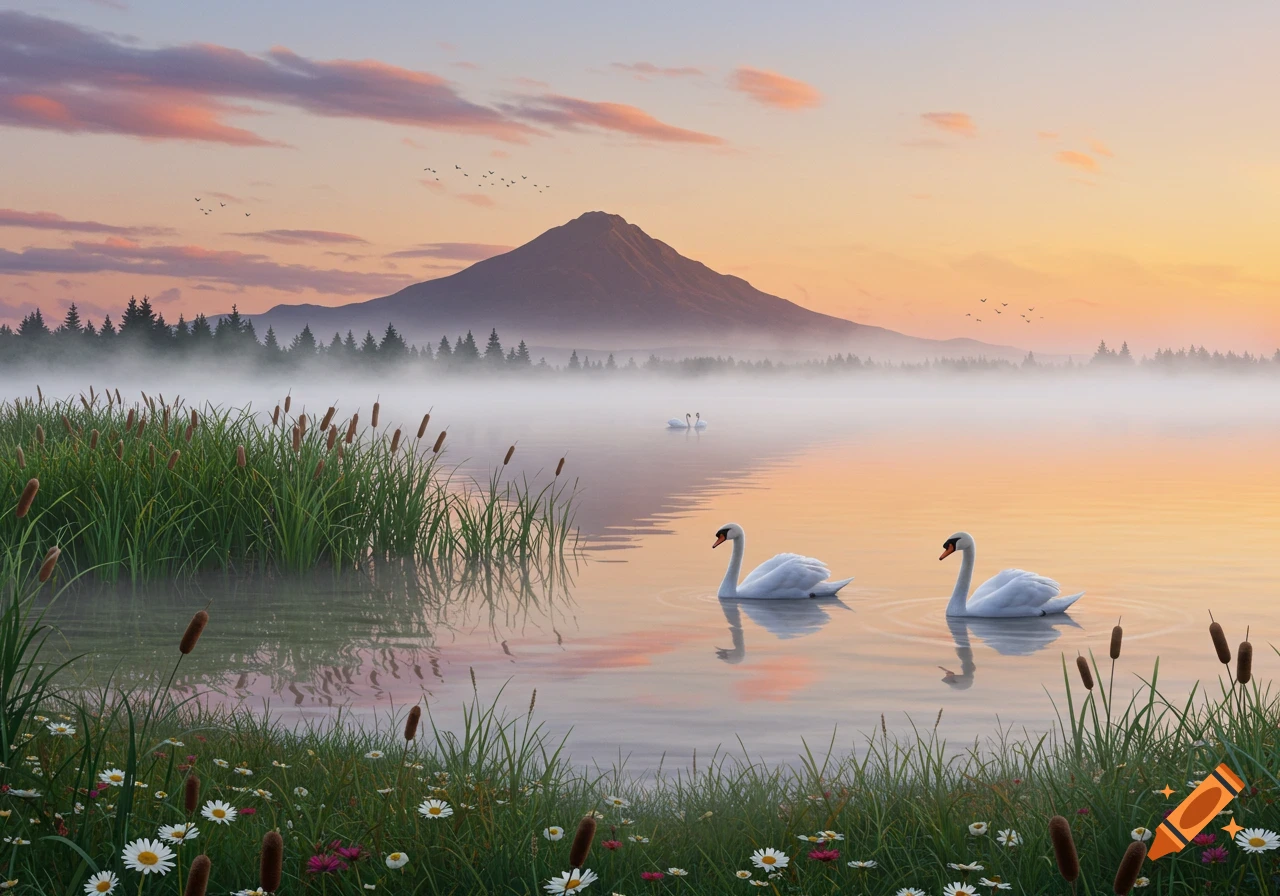 Two swans swim on a misty lake at sunrise with a mountain, pine trees, and wildflowers in the foreground.
