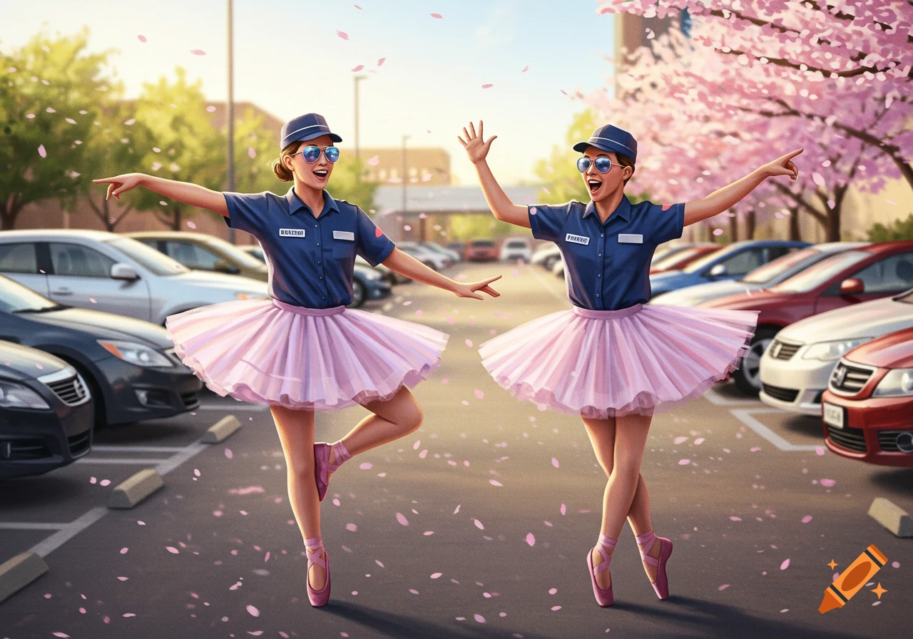 Two cheerful women in police shirts and pink tutus dance in a parking lot filled with falling cherry blossoms.