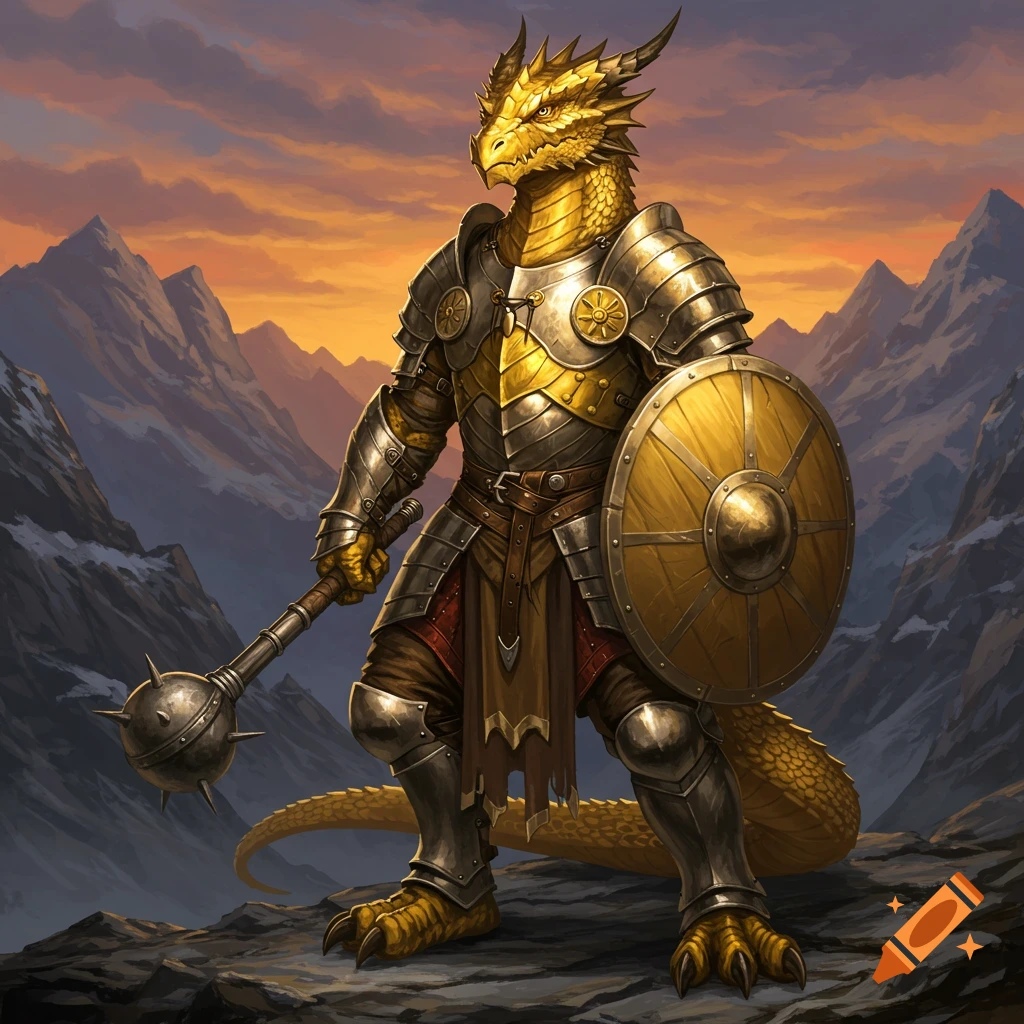 A gold dragonborn warrior in shining gold and silver armor stands on a rocky peak, holding a mace and shield, against a sunset mountain backdrop.