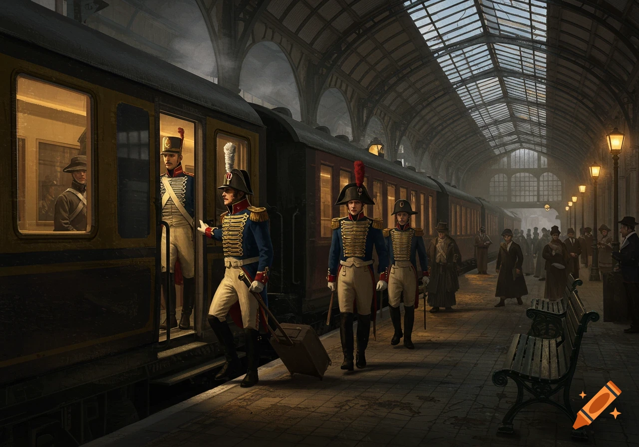 Napoleonic soldiers in ornate uniforms exit a train onto a dimly lit station platform, with civilians in the background.