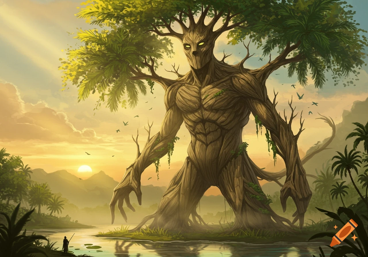 A giant, muscular tree creature with glowing eyes stands in a lush, misty jungle at sunset, reflected in a river.